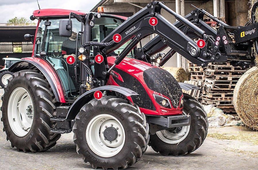 New Valtra G3 series front loader. Marked details in photo. 1: adapters, 2: hydraulic piping, 3: beams, 4: SmartTouch armrest, 5: lock & go couplings and support legs 6: crossbeam