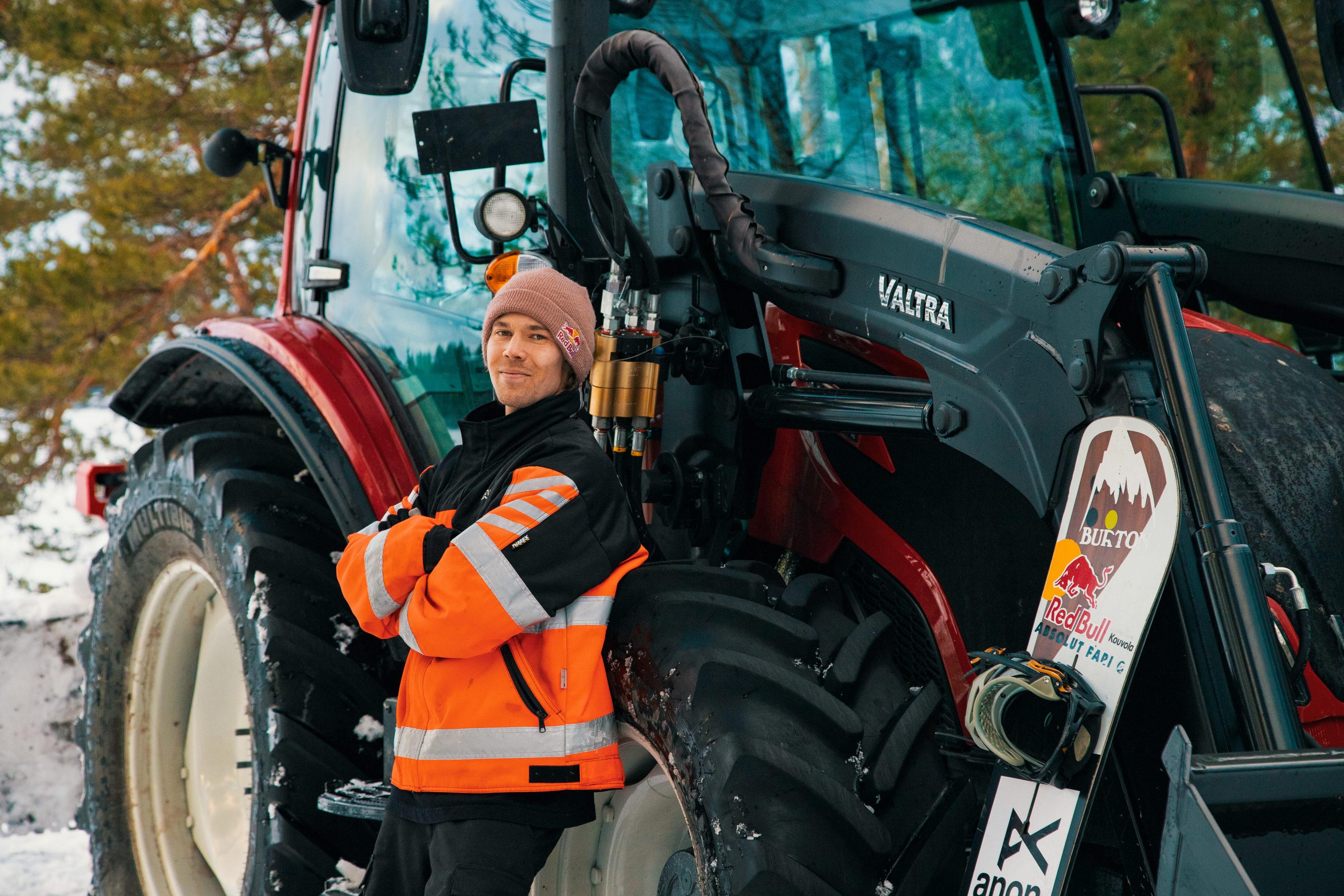 Snowboarder Roope Tonteri with his brand new Valtra A94 HiTech. Photo by Sami Malmberg